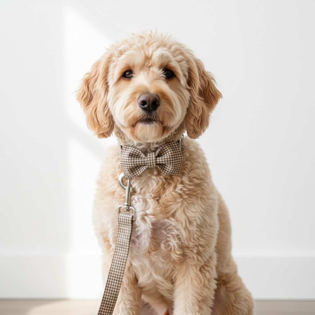 Collier et laisse à carreaux beige et marron avec nœud papillon assorti porté par un golden doodle — ensemble accessoires chien élégant et raffiné