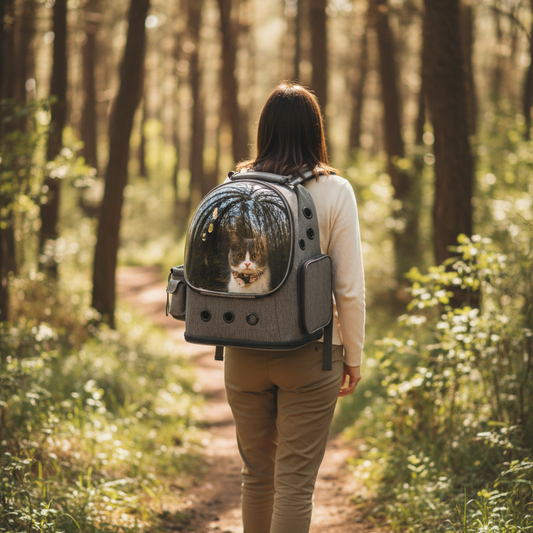 Sac à dos transport chat à hublot transparent gris anthracite porté en forêt — sac à dos chat chien capsule spatiale randonnée