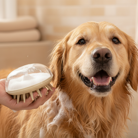 Brosse de bain en silicone beige avec réservoir à shampoing utilisée sur un golden retriever mouillé — brosse massage chien toilettage maison