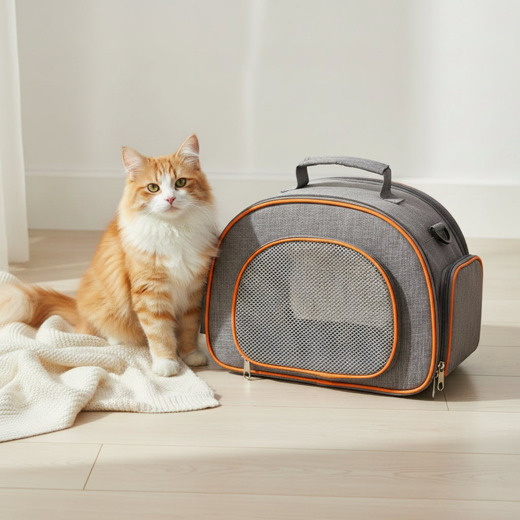 Sac de transport bandoulière Selana gris à liseré orange et large panneau en filet respirant, posé au sol dans un intérieur lumineux à côté d'un chat roux et blanc