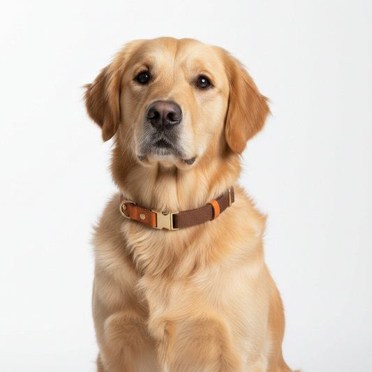 Collier chien en toile marron avec boucle dorée et détails cuir cognac porté par un golden retriever — collier premium robuste et élégant