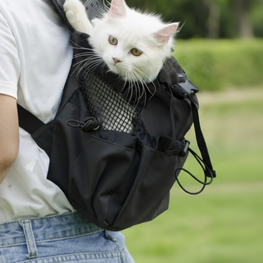 Personne portant un sac à dos de transport Selana noir en extérieur, un chat blanc installé à l'intérieur qui passe la tête par le panneau en filet respirant