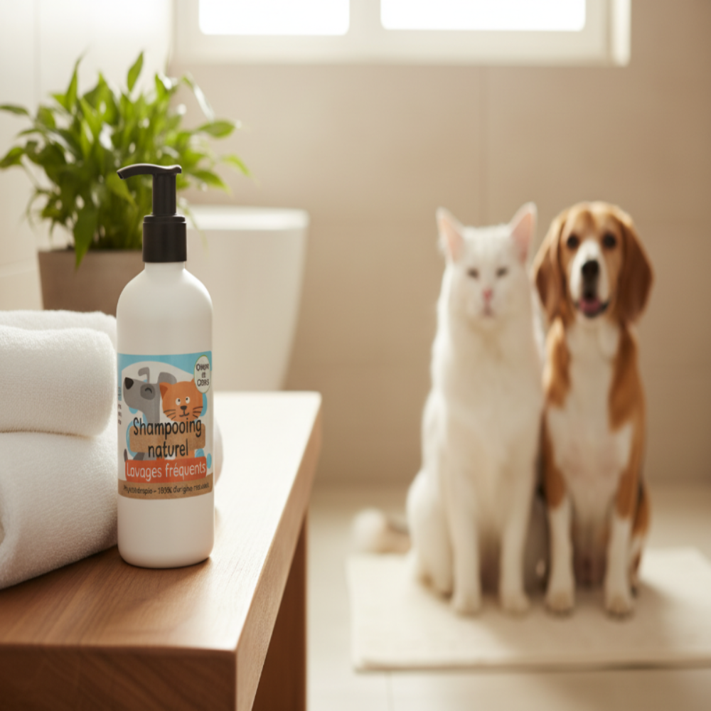 Shampoing naturel pour chien et chat sur meuble bois dans salle de bain épurée — soin doux pour lavages fréquents peaux sensibles
