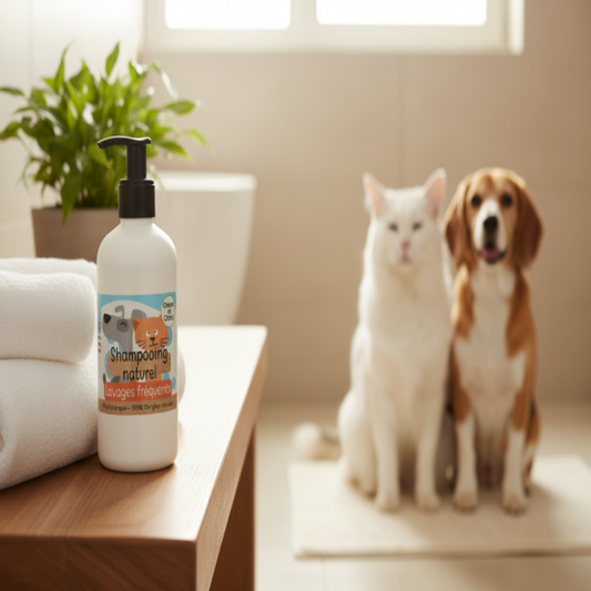 Shampoing naturel pour chien et chat sur meuble bois dans salle de bain épurée — soin doux pour lavages fréquents peaux sensibles