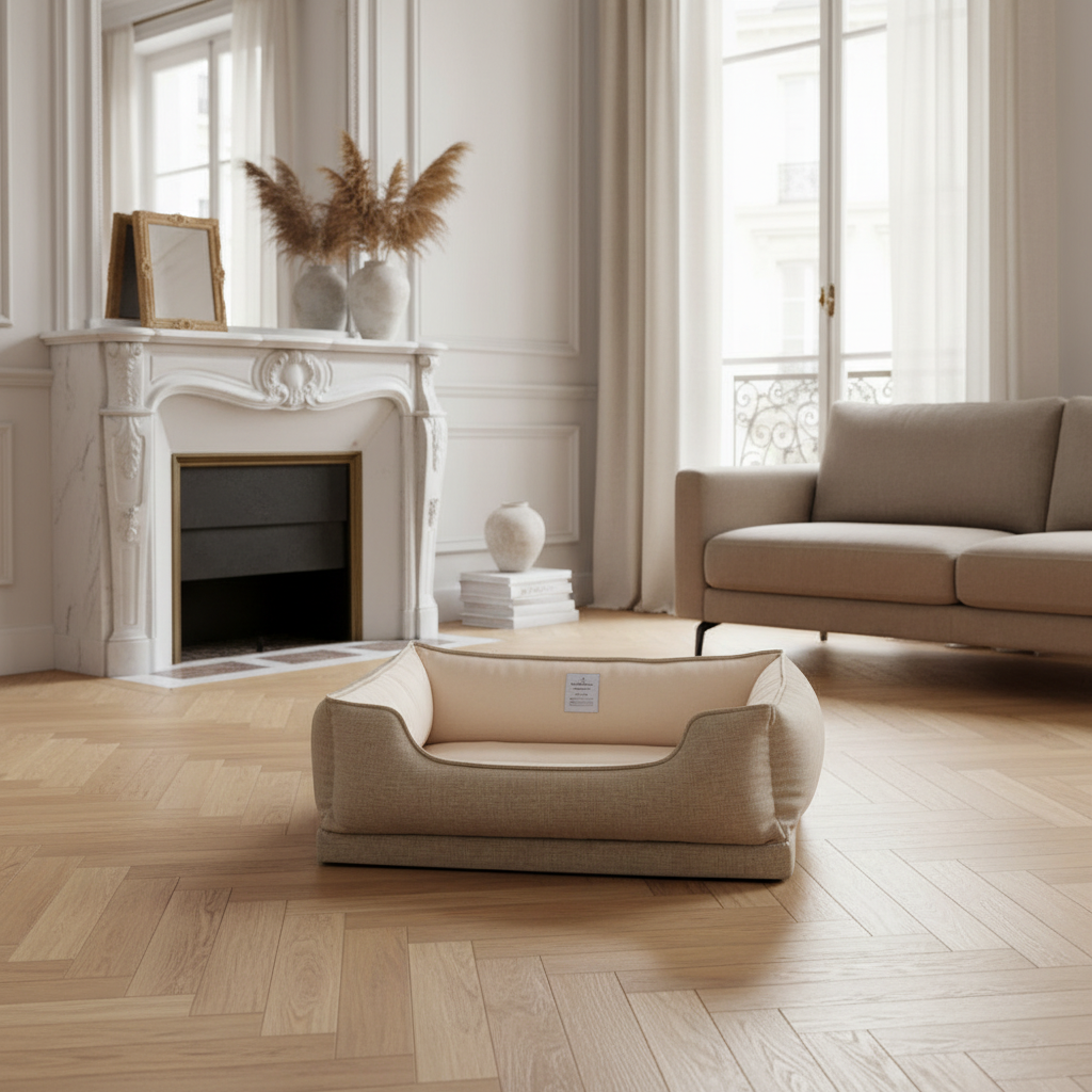Lit canapé beige pour chien dans un salon haussmannien avec cheminée en marbre et parquet en chevrons — couchage design premium pour chien