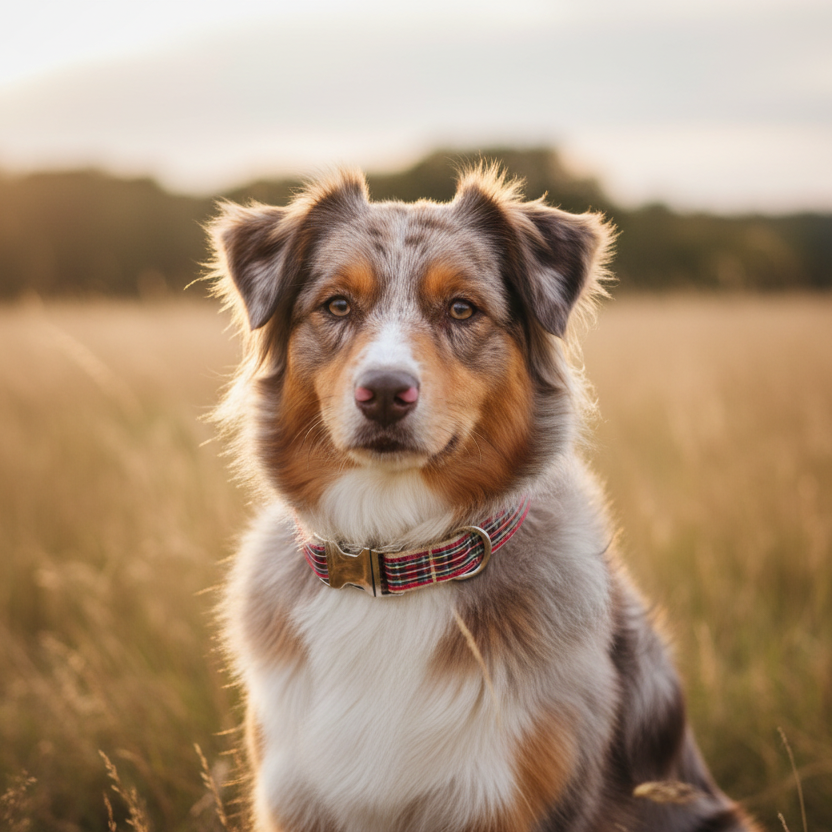 Collier tartan rouge et beige avec boucle dorée porté par un berger australien dans un champ — collier chien motif écossais résistant pour balade nature