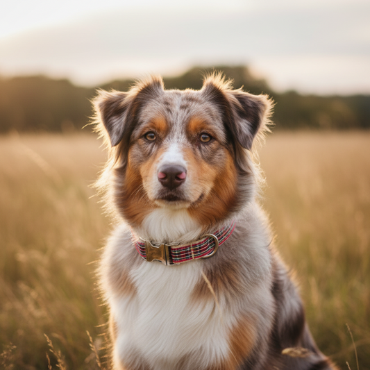 Collier tartan rouge et beige avec boucle dorée porté par un berger australien dans un champ — collier chien motif écossais résistant pour balade nature