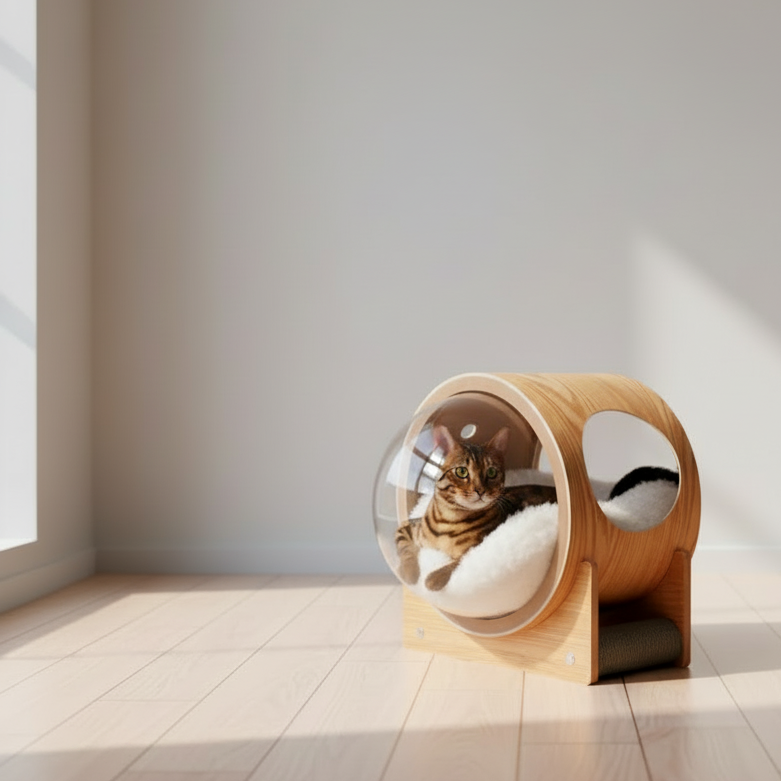 Dôme transparent pour chat dans un salon haussmannien avec parquet en chevrons — accessoire design premium pour intérieur soigné