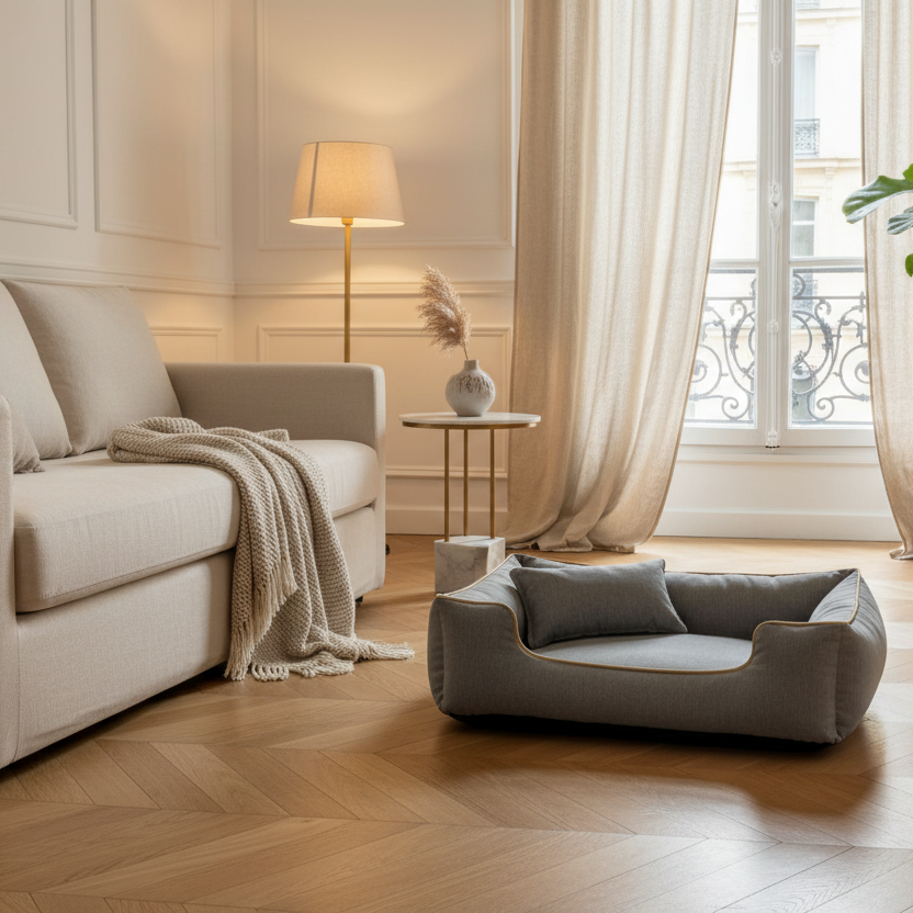 Panier chien gris anthracite avec coussin dans un salon haussmannien aux tons beige — lit pour chien design intérieur luxe