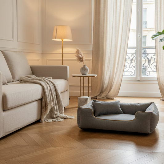 Panier chien gris anthracite avec coussin dans un salon haussmannien aux tons beige — lit pour chien design intérieur luxe