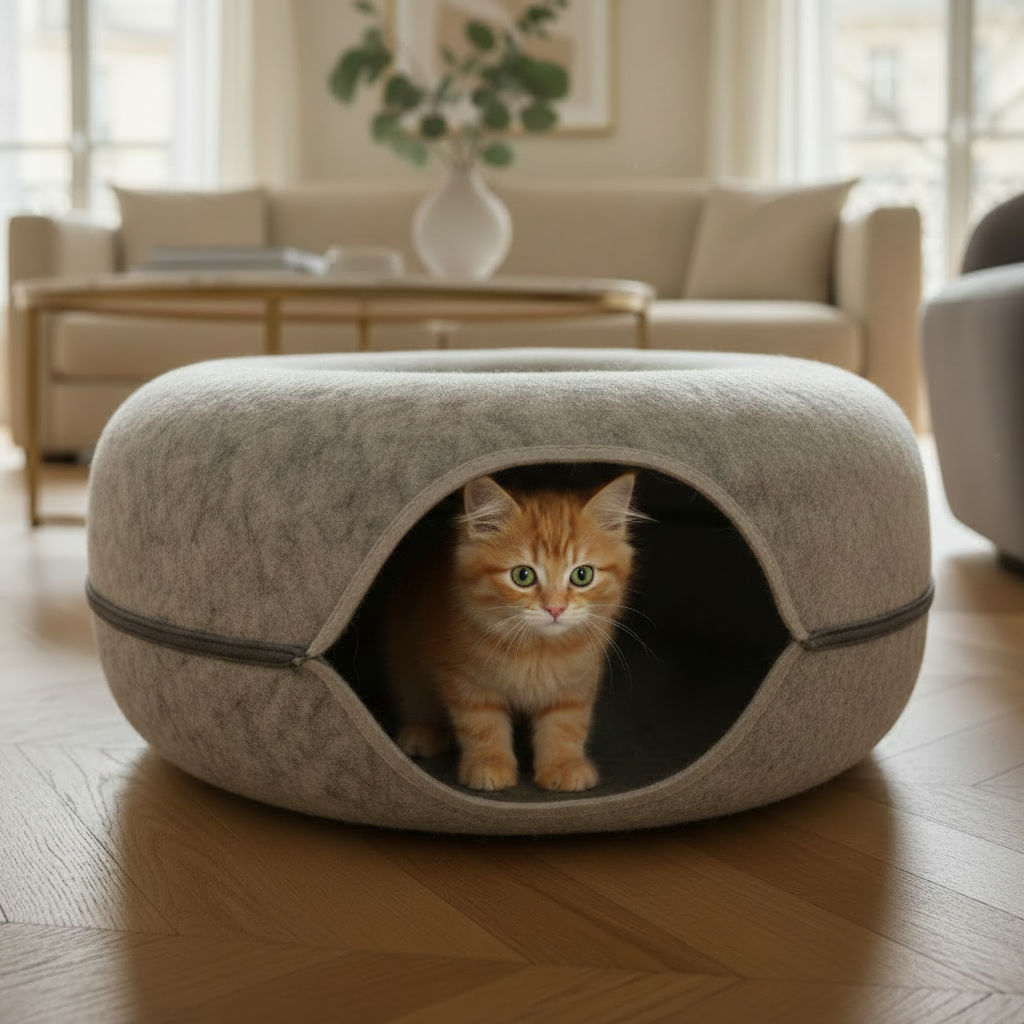 Chat roux sortant d'un nid coquille en feutre gris dans un salon beige élégant — refuge fermé pour chat design
