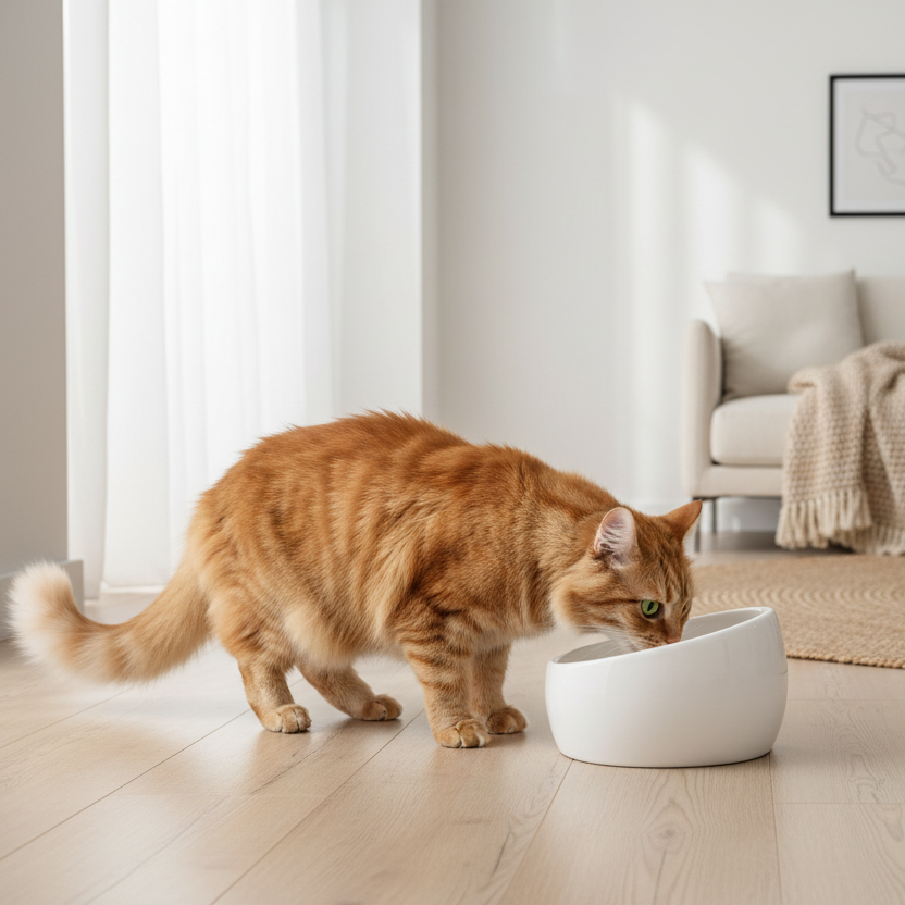 Chat roux mangeant dans un bol incliné céramique blanc dans un salon scandinave — gamelle design asymétrique pour chat