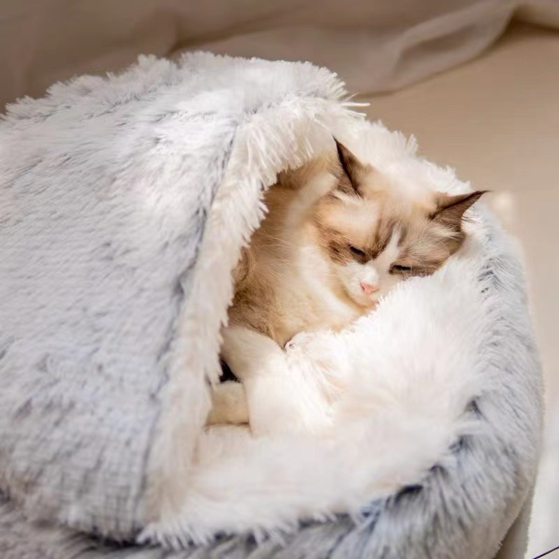 Chat ragdoll blotti et endormi dans un sac de couchage en peluche gris clair — duvet lit chat ultra doux et chaud pour l'hiver