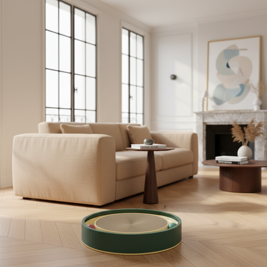 Griffoir rond vert mat avec balle intégrée sur parquet en chevrons dans un salon haussmannien beige — griffoir design pour chat discret en intérieur