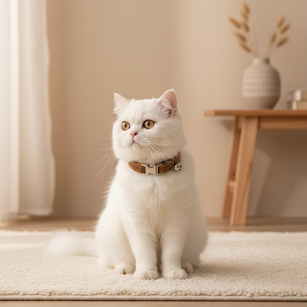 Chat blanc avec collier velours taupe et clochette dans un intérieur beige — accessoire chat élégant