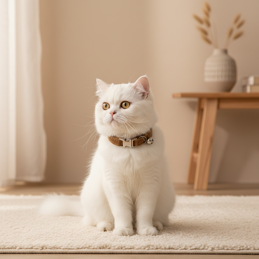 Chat blanc avec collier velours taupe et clochette dans un intérieur beige — accessoire chat élégant