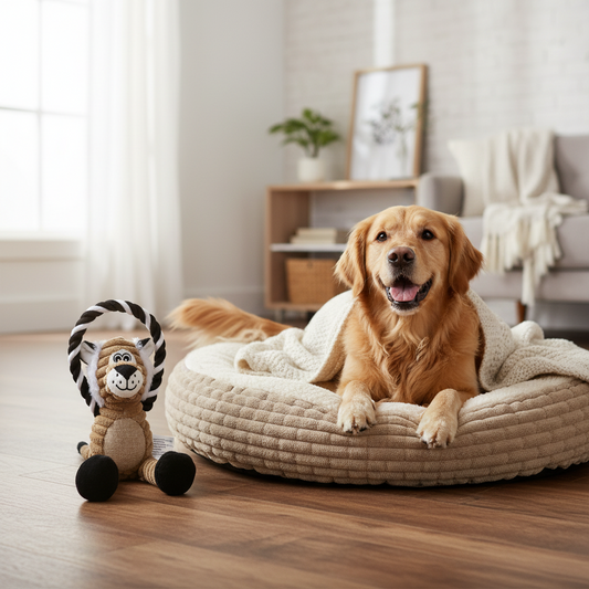 Golden retriever installé dans un panier rond texturé beige avec couverture crème — literie chien premium pour intérieur scandinave