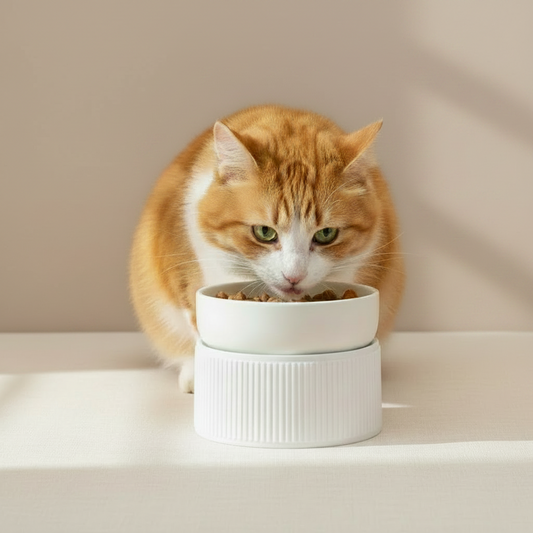 Chat roux mangeant dans une gamelle céramique côtelée blanche sur socle texturé — gamelle design pour chat dans un intérieur beige épuré