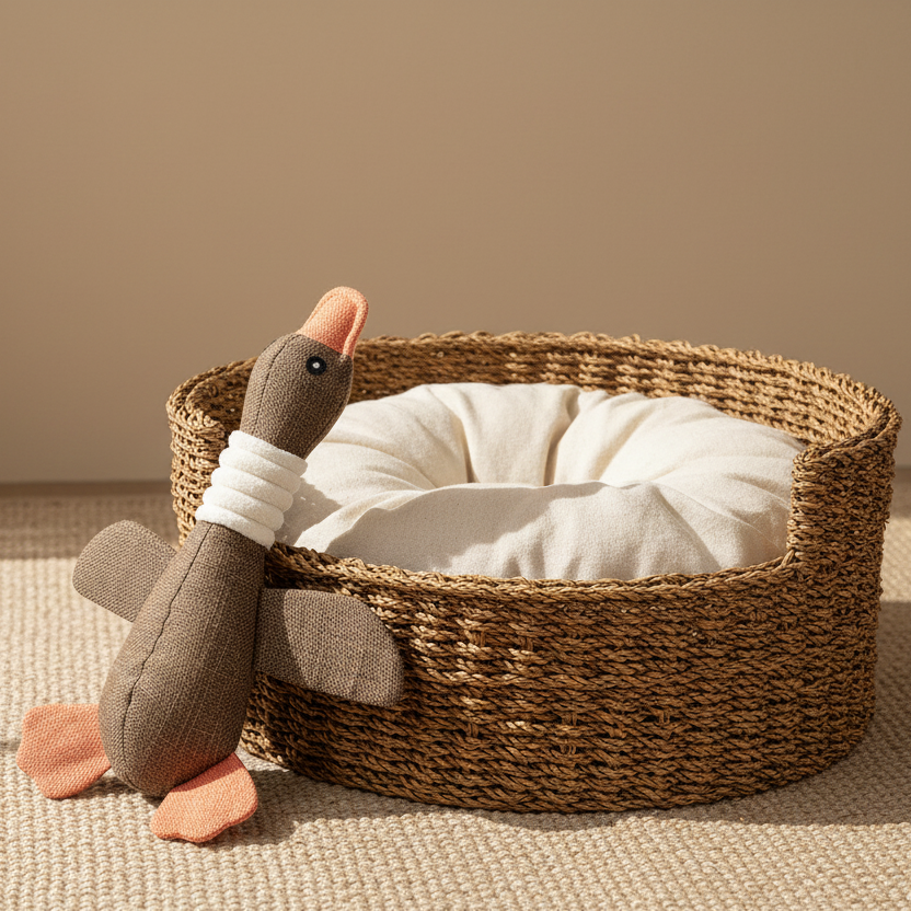 Jouet canard en lin marron et orange pour chat ou chien — peluche animaux naturelle éco-responsable