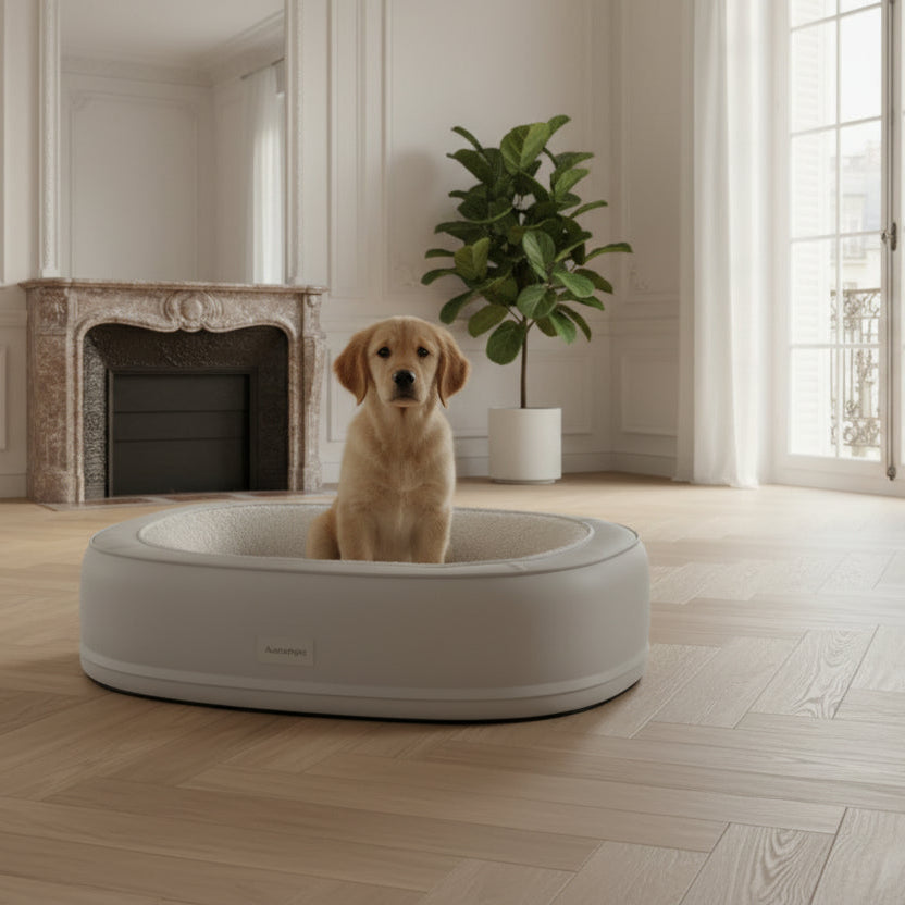 Chiot labrador assis dans un panier ovale gris clair bords arrondis devant une cheminée en marbre — lit chien design minimaliste appartement parisien