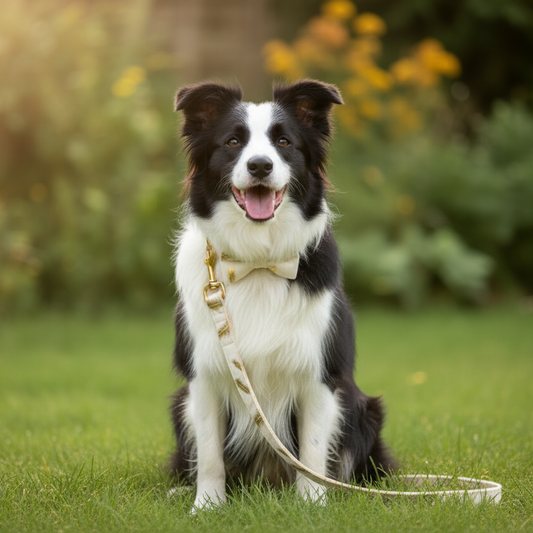 Border collie avec collier velours ivoire à plumes dorées et laisse assortie — accessoire chien élégant pour balade urbaine