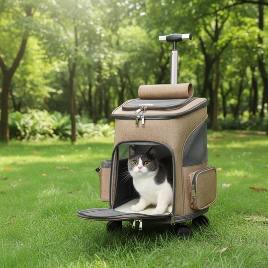 Sac à dos trolley pliable Selana coloris brun avec poignée télescopique et roulettes, ouvert dans un parc, un chat noir et blanc installé à l'intérieur