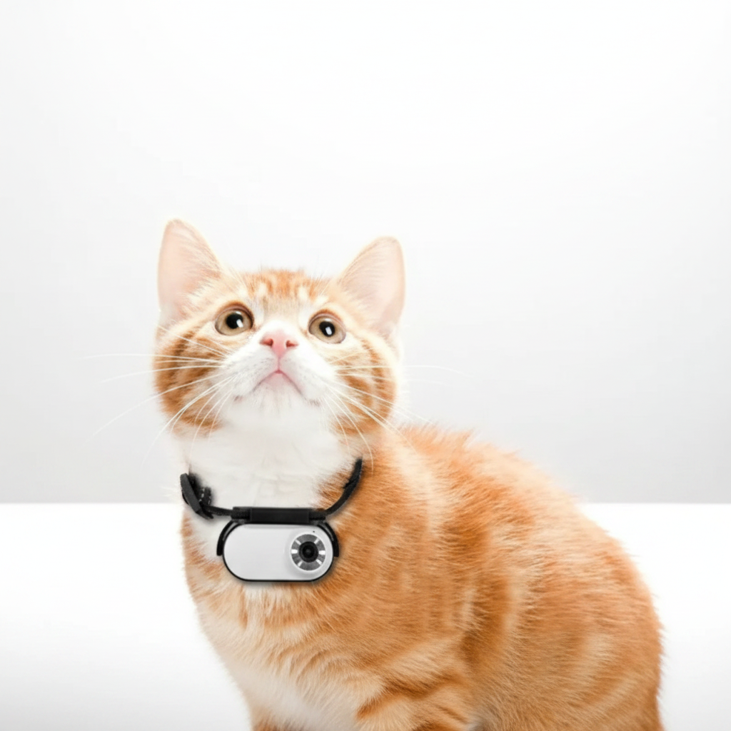 Chat roux avec caméra miniature sur collier — caméra pour collier animal suivi et surveillance