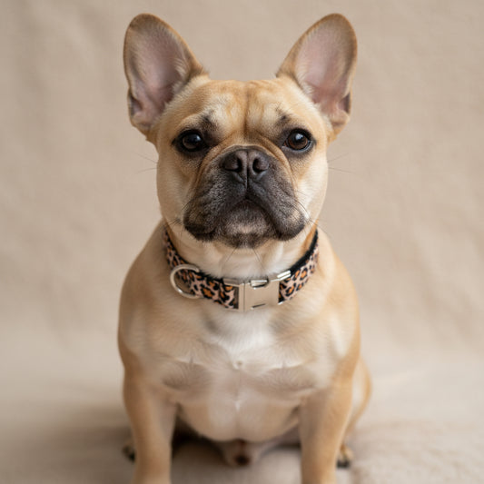 Collier imprimé léopard avec boucle argentée porté par un bouledogue français fauve — collier chien motif animalier tendance