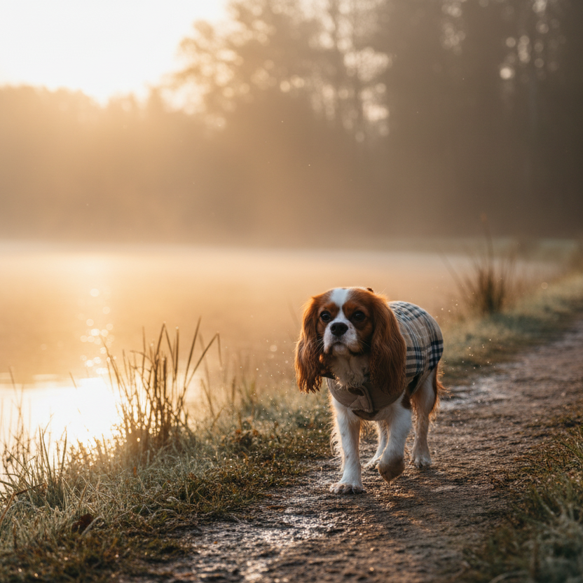 Cavalier King Charles en balade matinale avec manteau réversible vichy — manteau imperméable chien élégant pour toutes saisons