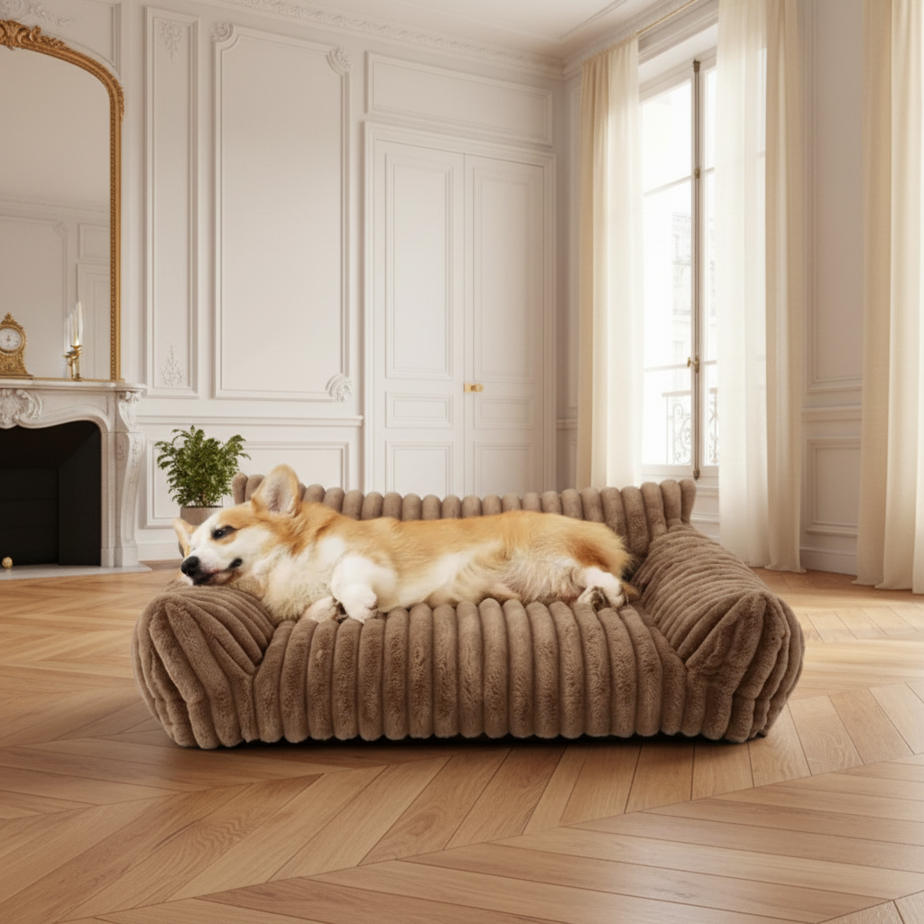 Corgi couché sur un canapé-lit côtelé marron dans un salon haussmannien avec parquet en chevrons — lit design pour chien élégant