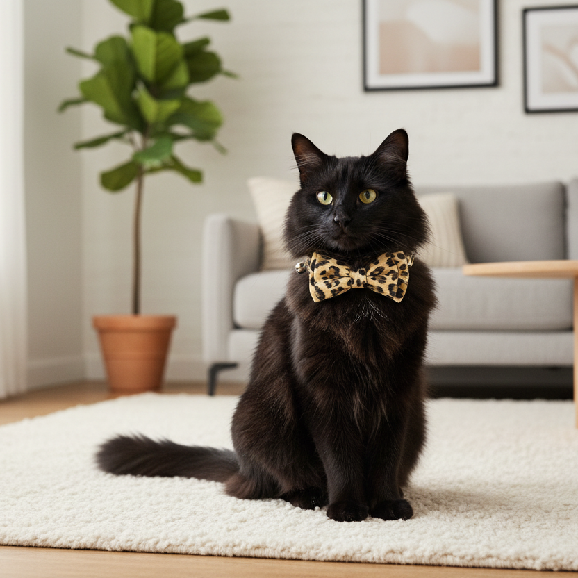 Chat noir avec collier léopard beige et nœud papillon dans un salon scandinave — collier élégant pour chat avec clochette
