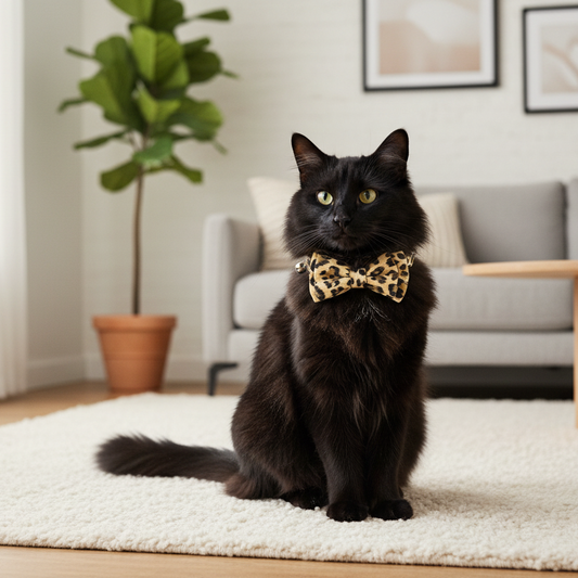 Chat noir avec collier léopard beige et nœud papillon dans un salon scandinave — collier élégant pour chat avec clochette