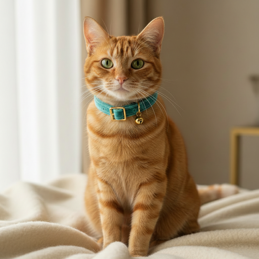 Collier velours bleu canard avec boucle et clochette dorées porté par un chat roux aux yeux verts — collier chat élégant et sécurité 