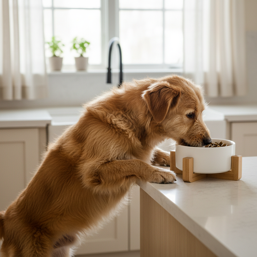 Golden retriever mangeant dans un bol céramique blanc sur trépied bambou dans une cuisine lumineuse — gamelle design pour chien