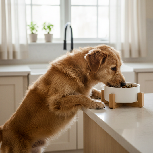 Golden retriever mangeant dans un bol céramique blanc sur trépied bambou dans une cuisine lumineuse — gamelle design pour chien