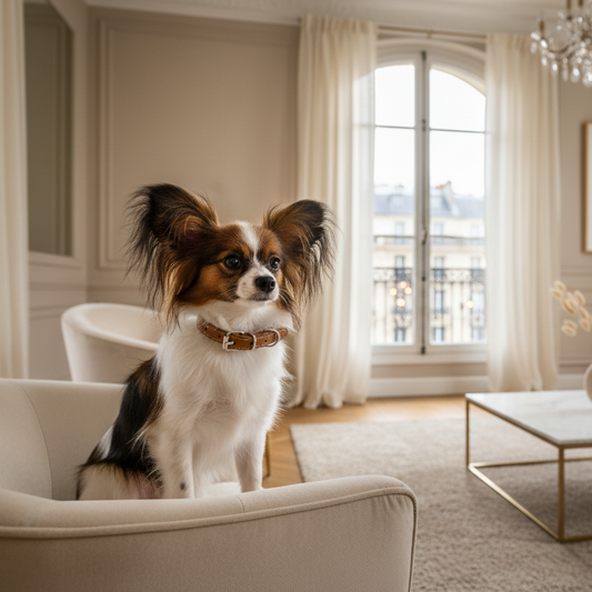 Chien papillon tricolore avec collier cuir cognac sur fauteuil blanc dans un appartement haussmannien parisien — collier chien luxe intérieur chic