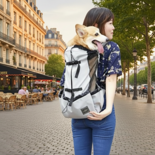 Femme se promenant dans une rue parisienne avec un sac à dos de transport Selana gris, un chien corgi installé à l'intérieur qui sort la tête par le panneau en filet respirant
