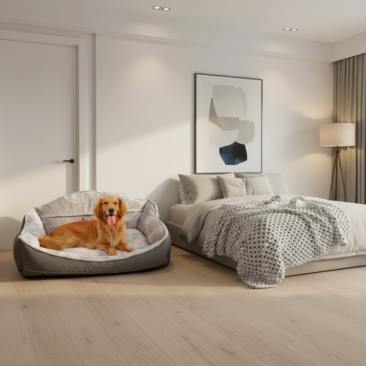 Grand panier chien gris anthracite et blanc intérieur doux avec golden retriever dans une chambre minimaliste — lit chien grand format design scandinave