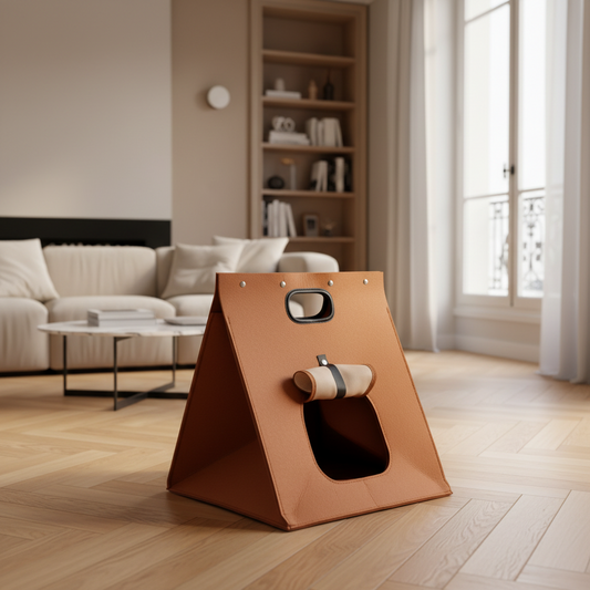 Tipi pour chat en feutre cognac dans un salon haussmannien — accessoire design qui s'intègre à la décoration intérieure