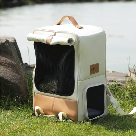 Sac à dos transport chat chien respirant couleur noisette moka avec détails cuir — sac cabine premium voyage animal